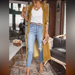 Elegant Gold Velvet Long Coat